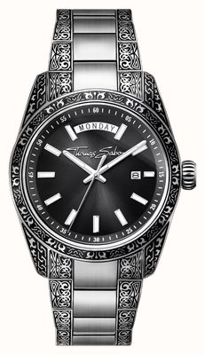 Thomas Sabo Rebel At Heart 'Revive' (40mm) Black Sunburst Dial / Engraved Stainless Steel Bracelet WA0438-201-203-40