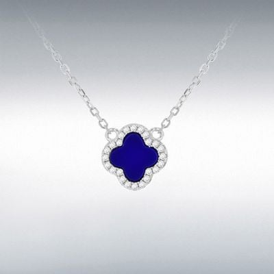 Sterling Silver Rhodium Plated 11mm Clover Syn Blue Lazurite and 1.1mm White CZ Adjustable Necklace 8.13.8080