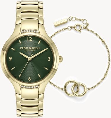 Olivia Burton Lea Watch & Bracelet Gift Set (34mm) Green Dial / Gold PVD Stainless Steel Bracelet Watch 24070022 ex display