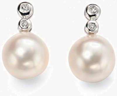 Elements Gold 9ct White Gold Diamond And  Pearl Drop Earrings GE896W