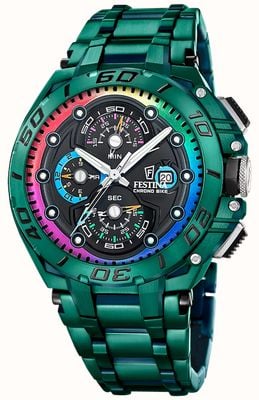 Festina Chrono Bike 2026 Special Edition (46mm) Black Dial / Stainless Steel Bracelet & Green Rubber Strap F20760/1