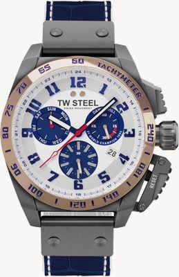 TW Steel Damon Hill Chronograph Limited Edition (46mm) White Satin Dial / Dark Blue Leather Strap TW1018