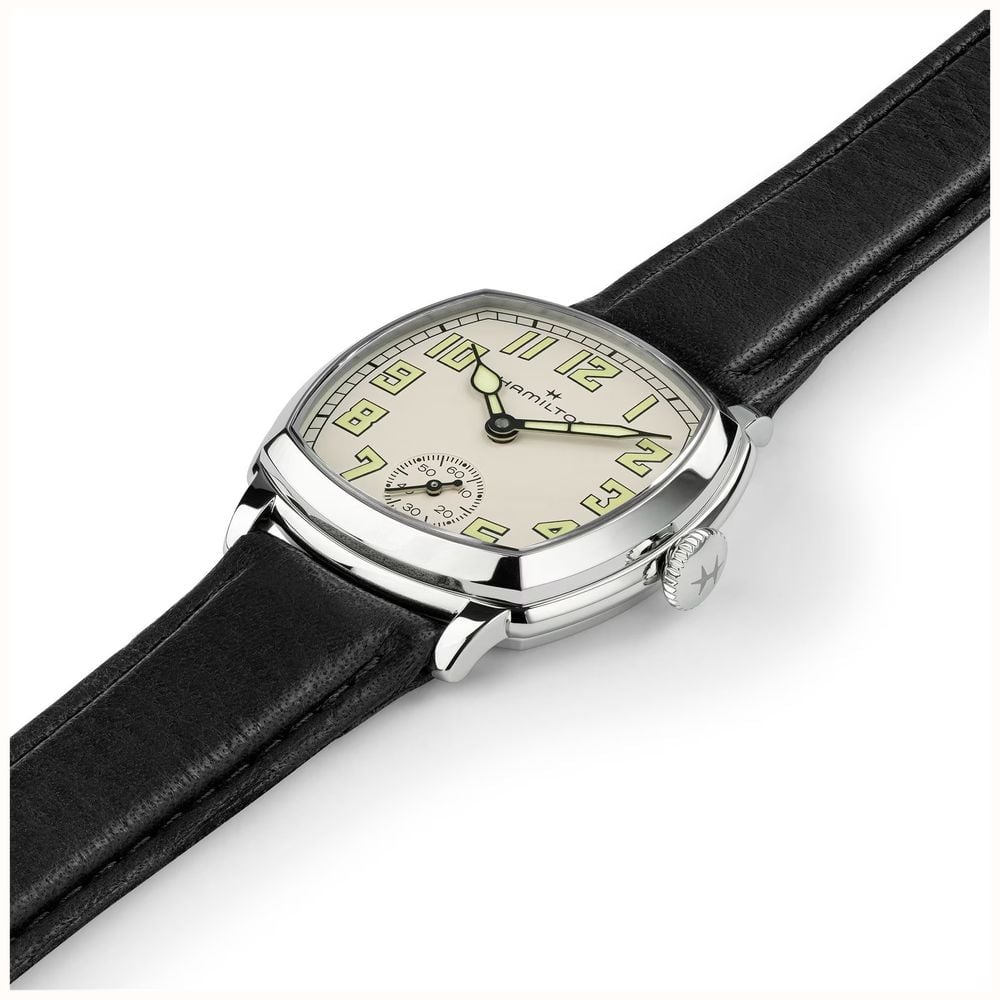 Hamilton American Classic Cushion Mechanical (30mm) Sandblasted Beige Dial / Black Leather Strap Watch H36109710 - alternate view 4