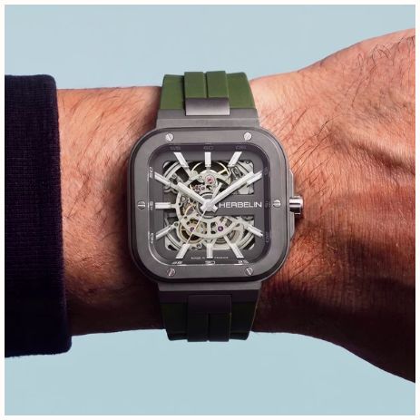 Herbelin Cap Camarat Square Titanium Automatic (40.5mm) Skeleton Dial / Khaki Green FKM Rubber Strap Watch 1846SQTDCK - alternate view 6