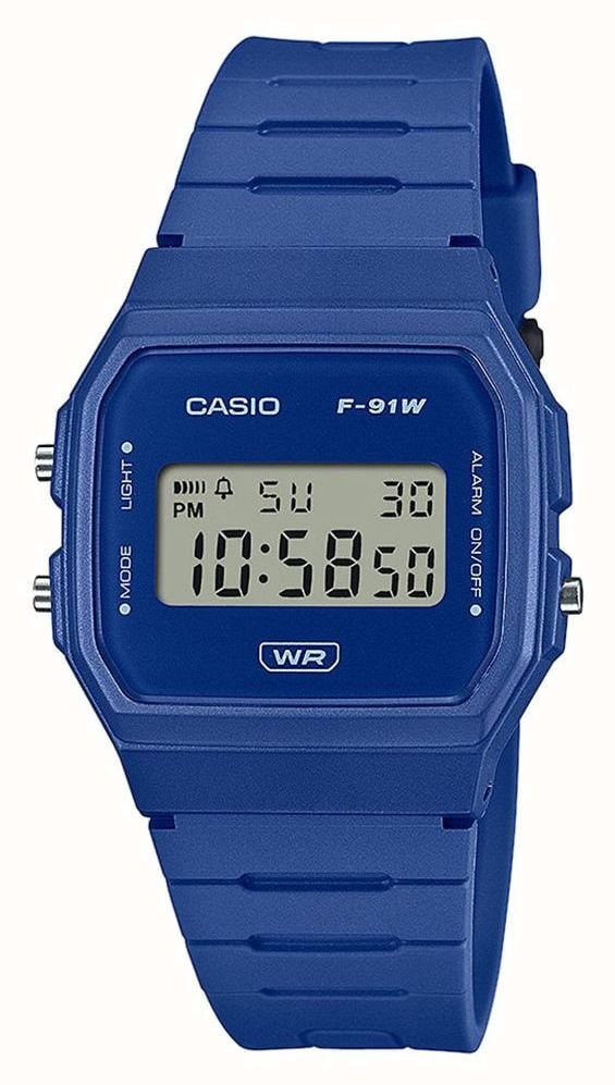 Casio F 91 Series Digital 38.2mm Blue Digital Dial Blue Bio Based Resin Strap F 91WB 2A1EF