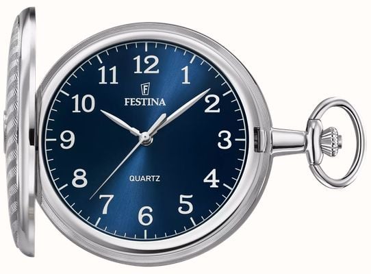 Festina Full-Hunter Quartz Pocket Watch (49mm) Blue Sunray Dial / Stainless Steel Case & Chain F2021/2
