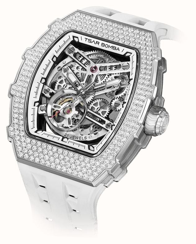 TSAR BOMBA Elemental Series Crystal Automatic (43mm) White Skeleton Dial / White FKM Rubber Strap TB8208D-11 - alternate view 3