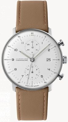 Junghans Men's Max Bill Chronoscope (40mm) White Dial / Beige Leather Strap 27/4502.02
