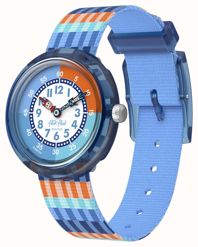 Flik Flak STRIPY STRIPES White and Blue Dial Stripe Patterned  Strap FBNP243