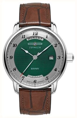 Zeppelin Friedrichshafen Day/Date Automatic (40mm) Green Clous de Paris Dial / Brown Leather Strap 8562-2