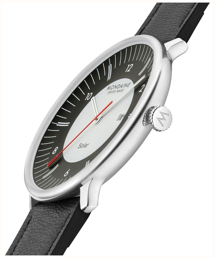 Angled view of the Mondaine Doppio Solar MLE.41920.LBV showing the curved case and crystal
