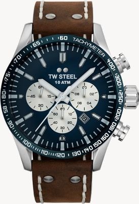 TW Steel Volante Quartz Chronograph (48mm) Blue Dial / Brown Leather Strap Watch VS121