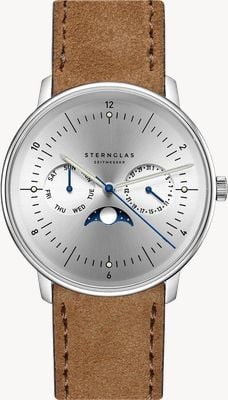 STERNGLAS Naos Moonphase Quartz (38mm) Moon-Silver Sunray Dial /  Brown Suede Strap S01-NM52-WL01