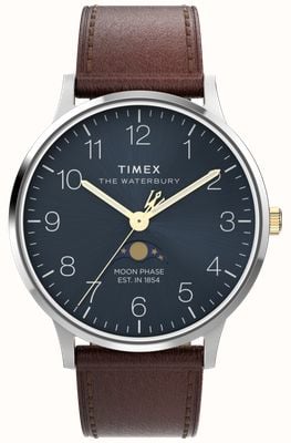 Timex Waterbury Classic Moonphase (40mm) Blue Dial / Brown Leather Strap TW2W75600