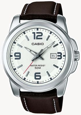 Casio MTP Series Analogue Quartz (44.9mm) White Dial / Brown Leather Strap MTP-1314PL-7AVEF