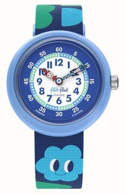 Flik Flak SMILING CLOUDS (31.85mm) White and Blue Dial / Blue Cloud-Patterned Recycled PET Fabric Strap FBNP227