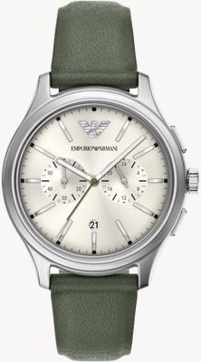 Emporio Armani Quartz Chronograph (40mm) Ivory Sunray Dial / Green Leather Strap AR11801