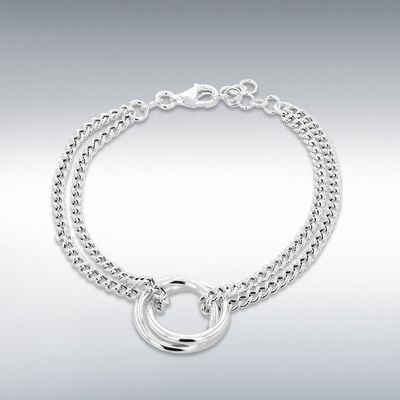 IBB Sterling Silver Linked-Rings Double-Curb Chain Adjustable Bracelet 8.29.0021