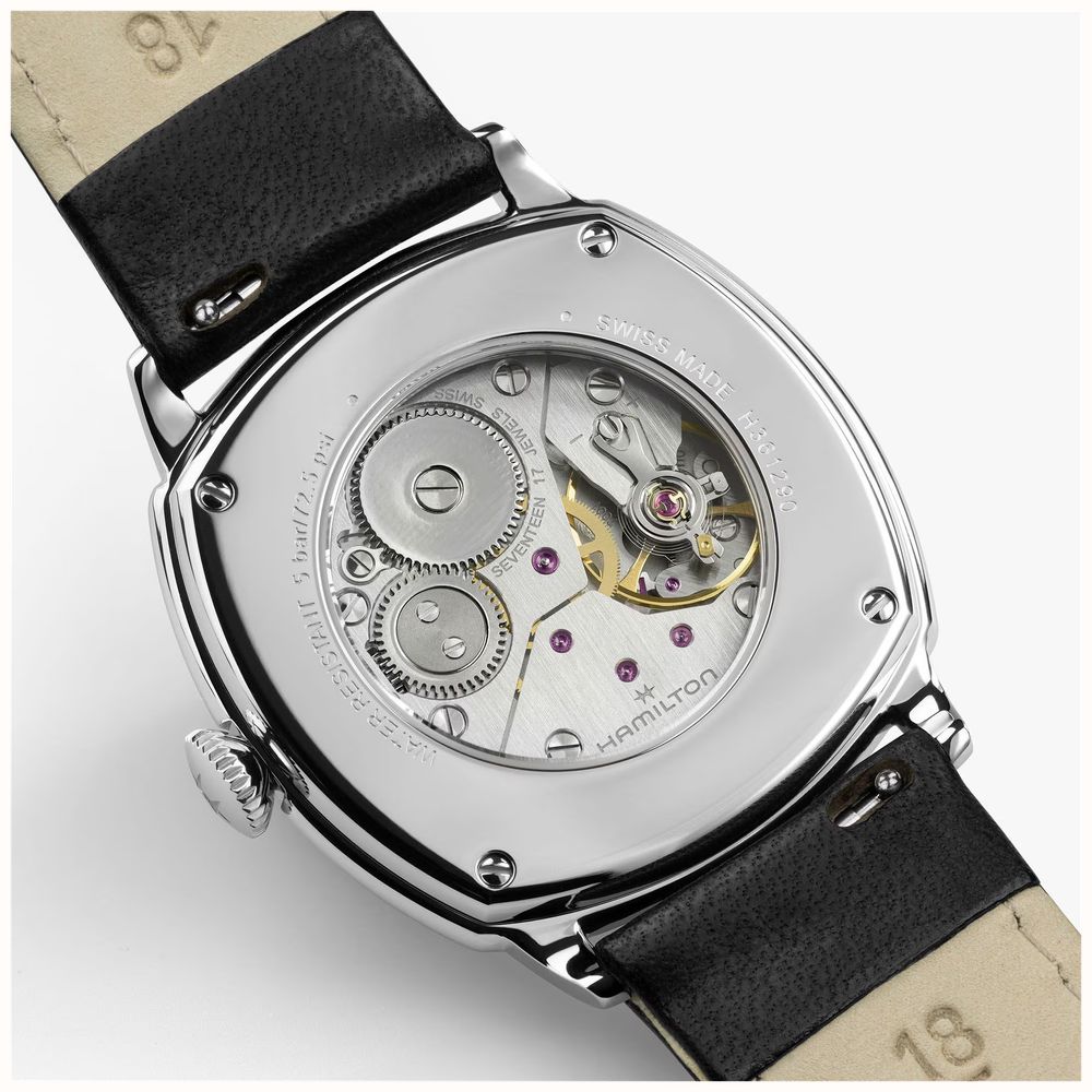 Hamilton American Classic Cushion Mechanical (34mm) Black Sunray Dial / Black Leather Strap Watch H36129730 - alternate view 5