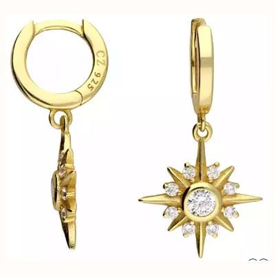 James Moore CME Silver Gold Plated 8 Point CZ Star Drop Hoops H4695/Y