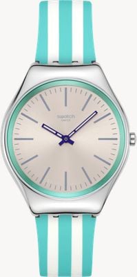 Swatch BEACH HOUR (38mm) Silver Sun-Brushed Dial / Turquoise & White Striped Silicone Strap SYXS160