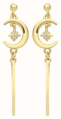 James Moore TH 9ct Gold Moon Star CZ Drop Stud Earrings ER1167