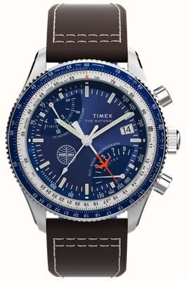 Timex Fly Back Chronograph x Pan Am (43mm) Blue Dial / Brown Leather Strap TW2W97200