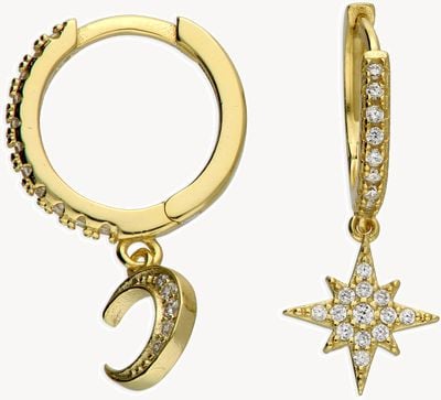 Gold Plated CZ Moon And Star Asymmetric Huggie Hoops H3231/Y