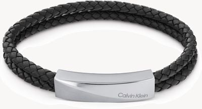 Calvin Klein Mens Black Leather and Stainless Steel Double Bracelet 35000097