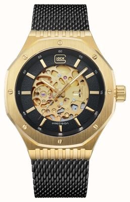 GLOCK Precision Skeleton Automatic (45mm) Black & Gold Dial / Black PVD Stainless Steel Mesh Bracelet GW-21-1-24