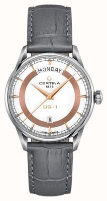 Certina Men's DS-1 Day Date (40mm) White Dial / Grey Leather Strap C0294301601101