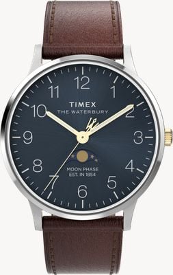 Timex Waterbury Classic Moonphase (40mm) Blue Dial / Brown Leather Strap TW2W75600
