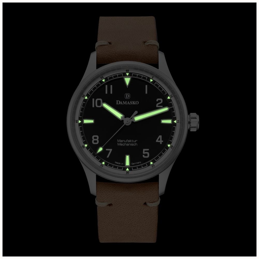 Damasko DF10 Three-Hand Manufacture (39mm) Old Radium Black Dial / 'Vintage' Brown Leather Strap Watch DF10 RADIUM - alternate view 5