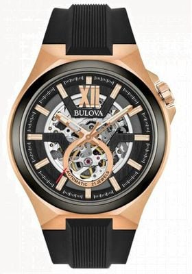 Bulova Men's Automatic Gold Pvd Plated Black Rubber Strap 98A177