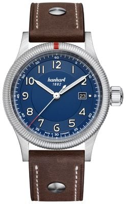 Hanhart PIONEER One Automatic (42mm) Blue Dial / Dark Brown Leather Rivet Strap - M 762.270-0110