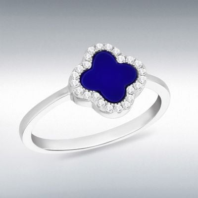 Sterling Silver Rhodium Plated 11mm Clover Syn Blue Lazurite 8.84.1351