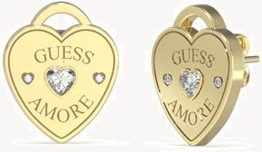 Guess Amore Ladies Gold Tone Crystal Heart Lock Earrings UBE05058YG