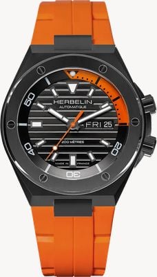 Herbelin Cap Camarat Automatic Diver (42mm) Black Dial / Orange FKM Rubber Strap Watch 1745N14CMD