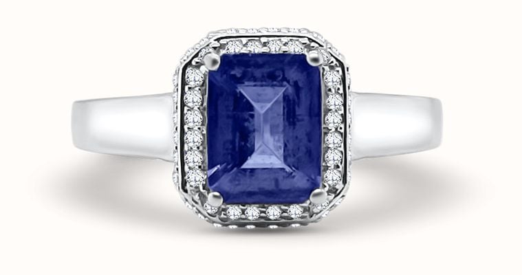 Pre-owned 18ct White Gold Diamond Emerald Cut Tanzanite Double Halo Ring J33047