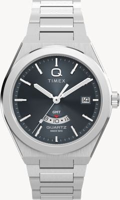 Timex Q Timex Continental GMT (39mm) Black Radial Texture Dial / Stainless Steel Bracelet TW2Y12100