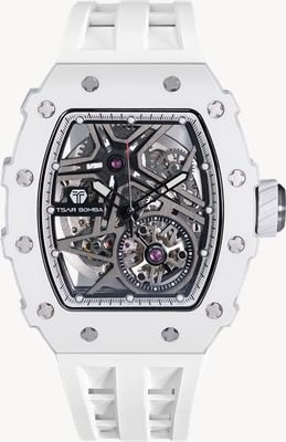 TSAR BOMBA Elemental Series Ceramic Automatic (43.5mm) Black Skeleton Dial / White FKM Rubber Strap TB8209C-02