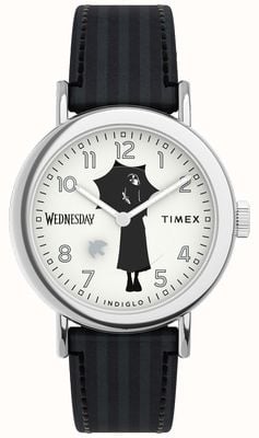 Timex x WEDNESDAY Indiglo Weekender (37mm) White Printed Dial / Black Leather Strap TW2Y19400