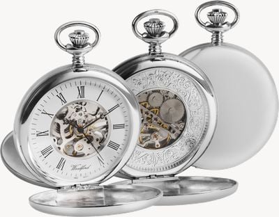 Woodford Double-Hunter Skeleton Mechanical Pocket Watch - White Dial / Stainless Steel Case 1097