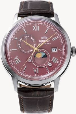 Orient Bambino Sun & Moon Automatic (41.5mm) Red Dial / Brown Leather Strap RA-AK0807R30B