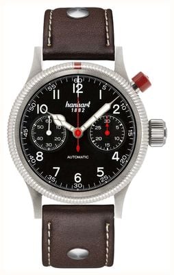 Hanhart PIONEER Mk I Automatic Chronograph (40mm) Black Dial / Dark Brown Leather Rivet Strap - M 714.210-0110