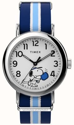 Timex x Peanuts Weekender Pickleball (37mm) White Dial / Blue Striped Fabric Strap TW2Y50600