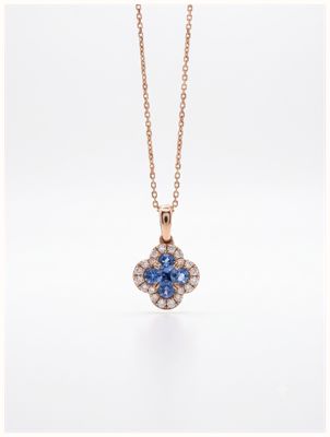 9ct Yellow Gold Clover Diamond And Sapphire Pendant With Chain SP6348