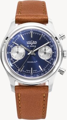 Vulcain Chronograph 70's Manual Winding (38mm) Blue Sunray Dial / Brown Calf Leather Strap Watch 640109A30.BAC207