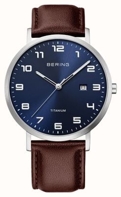 Bering Titanium Quartz (40mm) Blue Sunray Dial / Dark-Brown Leather Strap Watch 18640-505