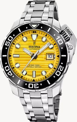 Festina Swiss Made Automatic COSC Diver (47.3mm) Yellow Dial / Stainless Steel Bracelet SET Watch F20043/1